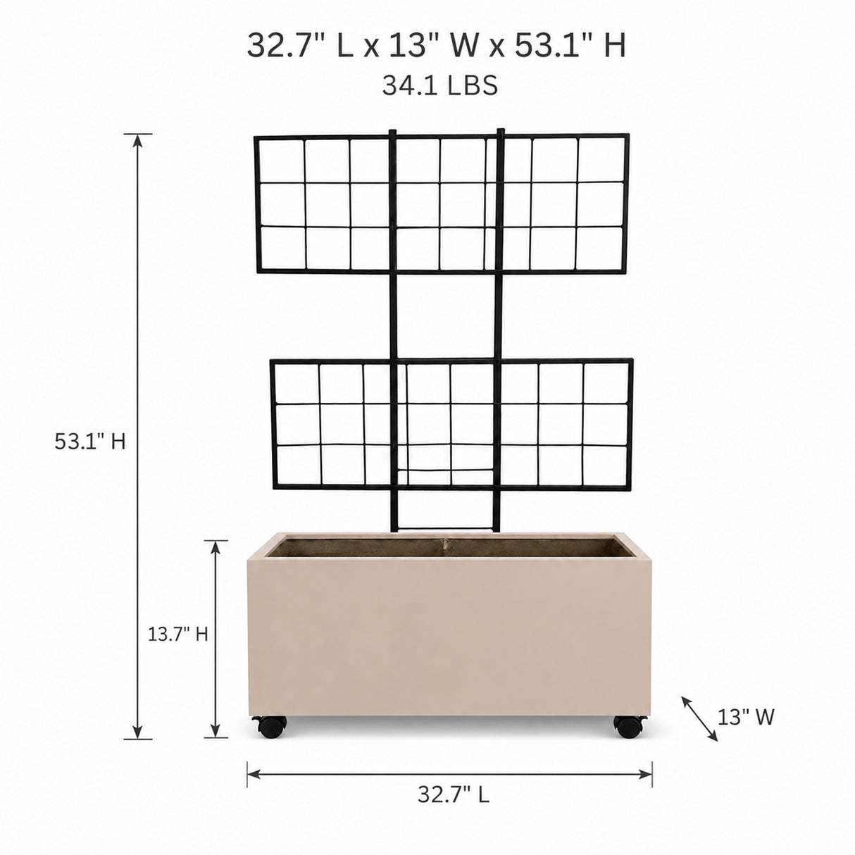 Smooth Rectangular Polystone Planter with Steel Trellis and Wheels, Sand