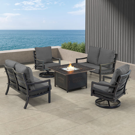 Black Aluminum Fire Table Set with Two Loveseats and Two Club Chairs - Sharicks