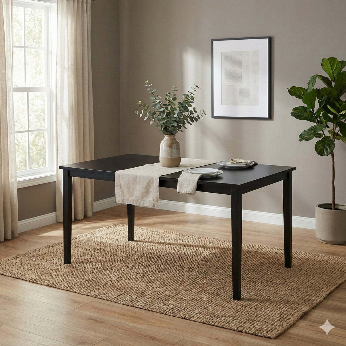 Modern 7-Piece 59 Inch Rectangular Dining Set, Black Finish with Black PU Leather Upholstered Chairs, Solid Rubberwood