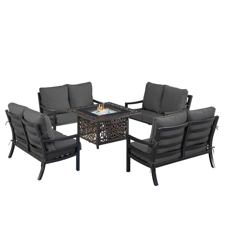 Black Aluminum Fire Table Set with Four Deep Seating Loveseats - Sharicks