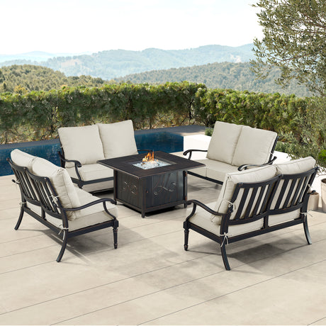 Black Aluminum Fire Table Set with Four Deep Seating Loveseats - Sharicks