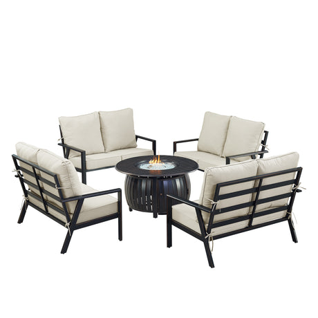 Black Aluminum Fire Table Set with Four Deep Seating Loveseat with Cushions - Sharicks