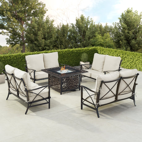 Black Aluminum Fire Table Set with Four Deep Seating Loveseat with Cushions - Sharicks