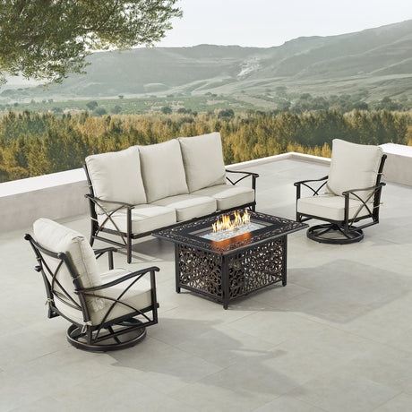 Black Aluminum Fire Table Set with Deep Seating Sofa with Cushion and Two Club Chairs - Sharicks