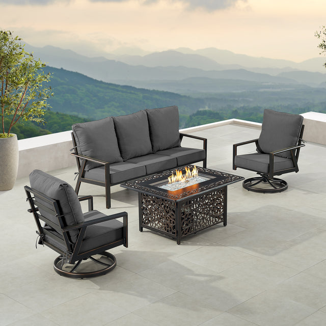 Black Aluminum Fire Table Set with Deep Seating Sofa with Cushion and Two Club Chairs - Sharicks