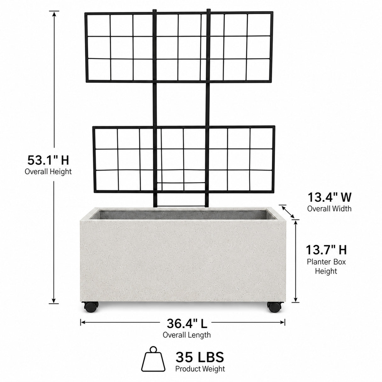 Wide Smooth Polystone Rectangular Planter with Steel Trellis and Wheels, White