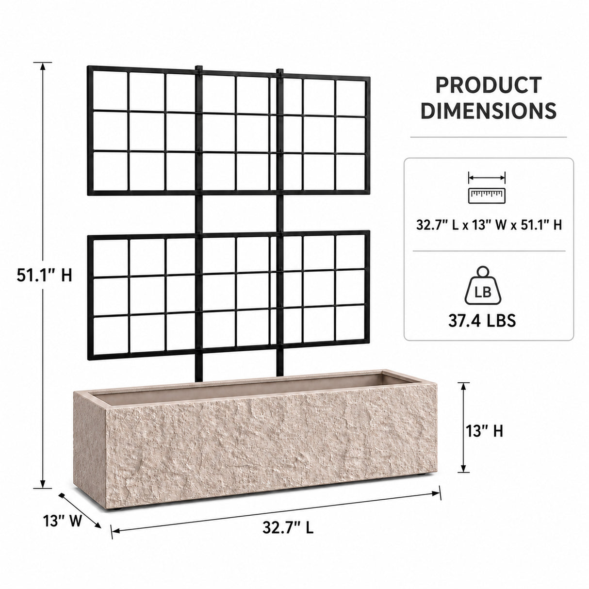 Rock Texture Rectangular Polystone Planter with Steel Trellis, Sand