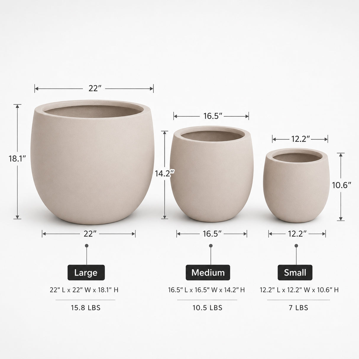 Set of 3 Round Polystone Indoor/Outdoor Planters, Sand