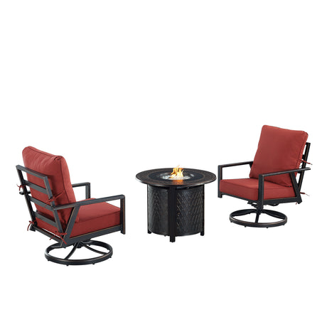 Black Aluminum Fire Table Bistro Set with Two Club Chairs