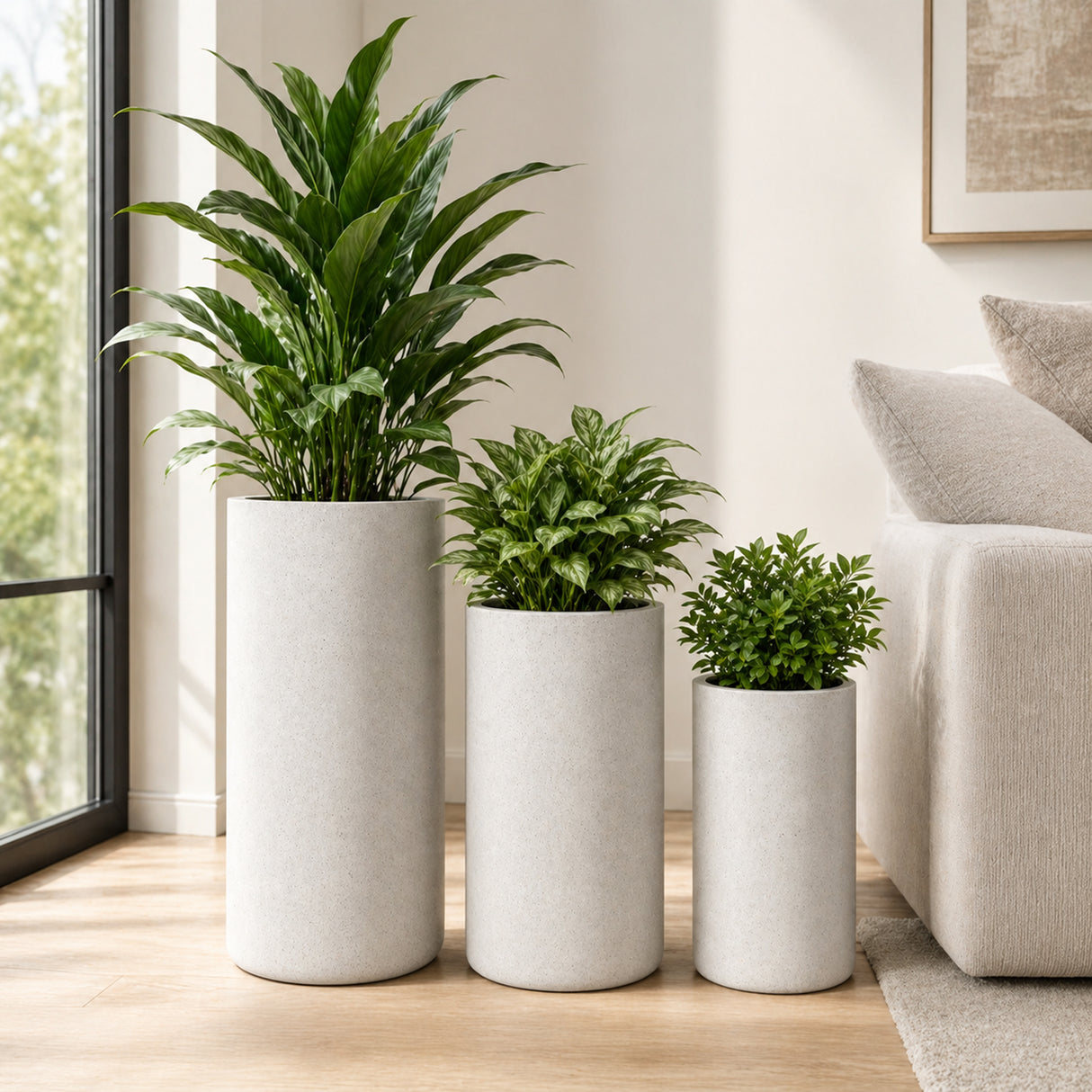Set of 3 Tall Cylinder Polystone Indoor/Outdoor Planters, White