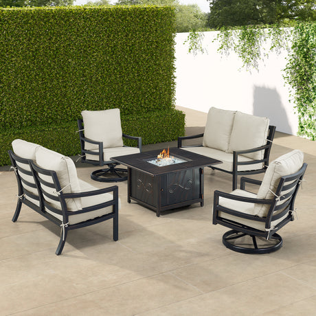 Black Aluminum Fire Table Set with Two Loveseats and Two Club Chairs - Sharicks