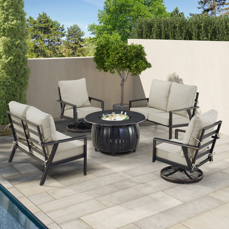 Black Aluminum Fire Table Set with Two Deep Seating Loveseat with Cushions and Two Club Chairs - Sharicks