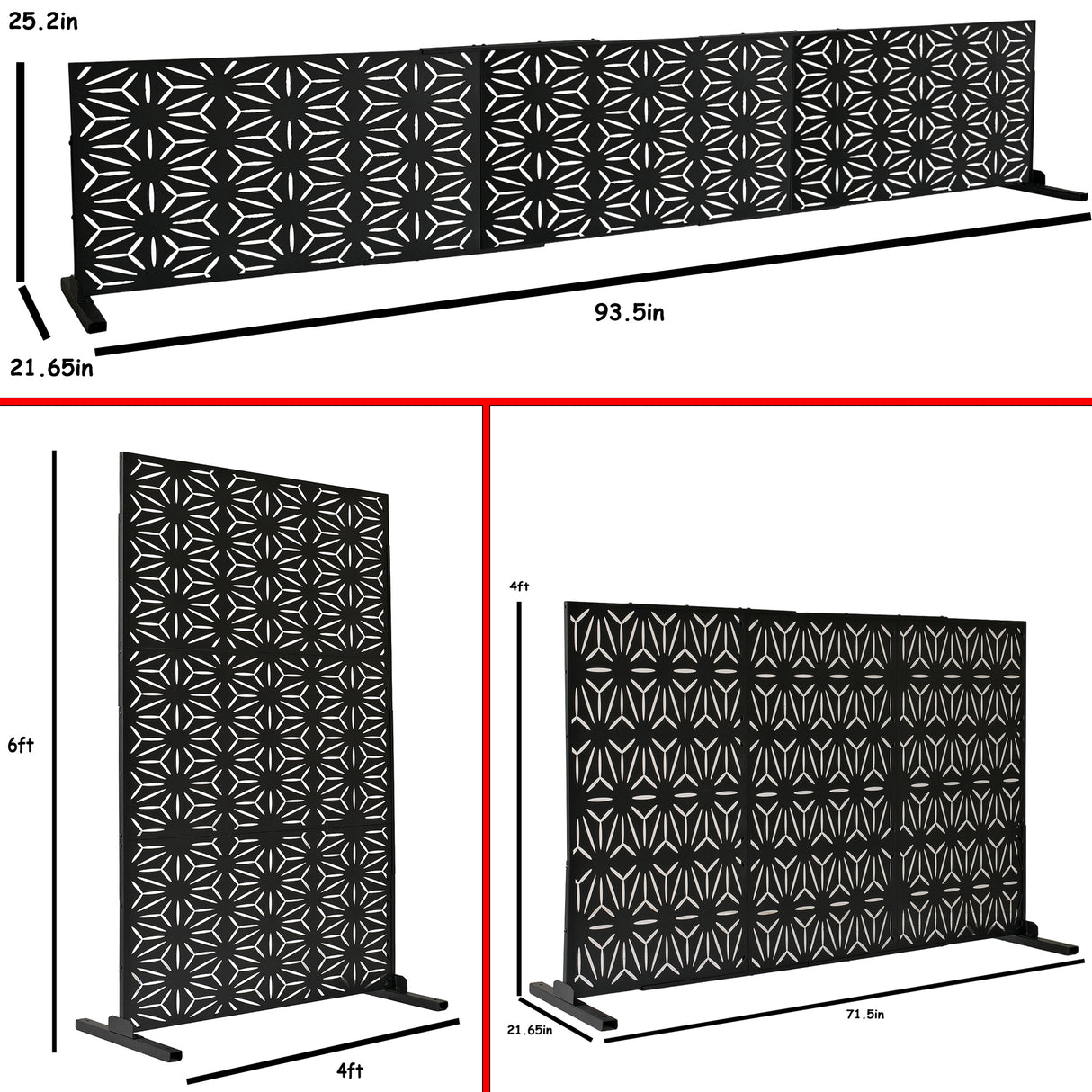 6 ft. X 4 ft. Black Freestanding Metal Privacy Screen Room Divider