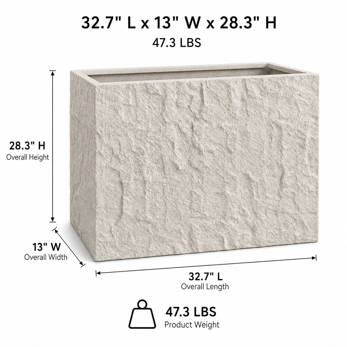 Rock Texture Rectangular Polystone Planter Box, White