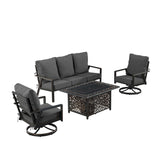 Black Aluminum Fire Table Set with Deep Seating Sofa with Cushion and Two Club Chairs - Sharicks