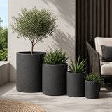 Set of 4 Round Cylinder Polystone Indoor/Outdoor Planters, Black