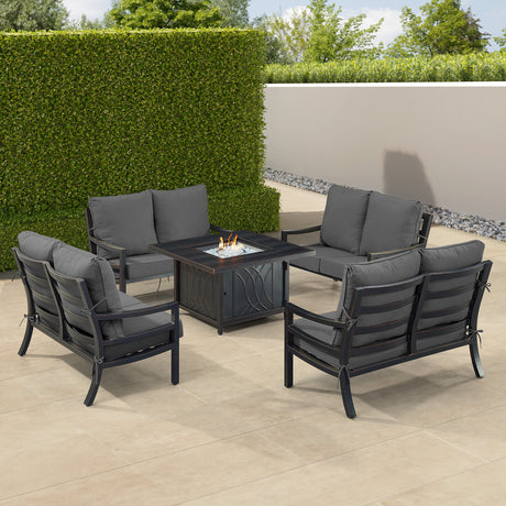 Black Aluminum Fire Table Set with Four Deep Seating Loveseats - Sharicks