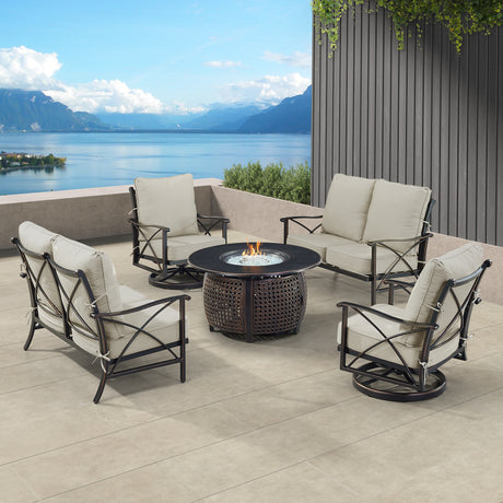 Black Aluminum Fire Table Set with Two Deep Seating Loveseat with Cushions and Two Club Chairs - Sharicks