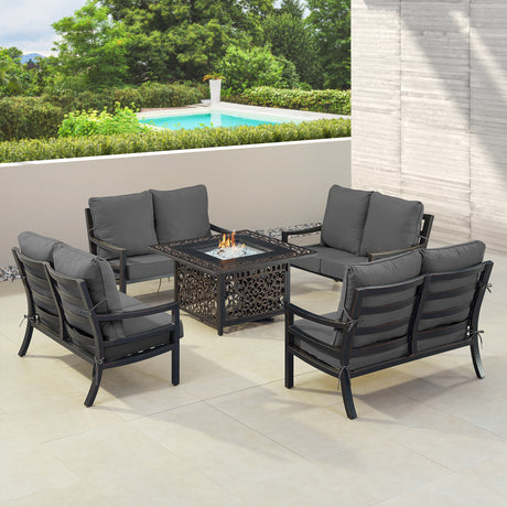 Black Aluminum Fire Table Set with Four Deep Seating Loveseats - Sharicks