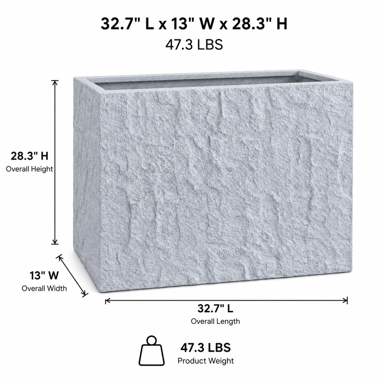 Rock Texture Rectangular Polystone Planter Box, Gray