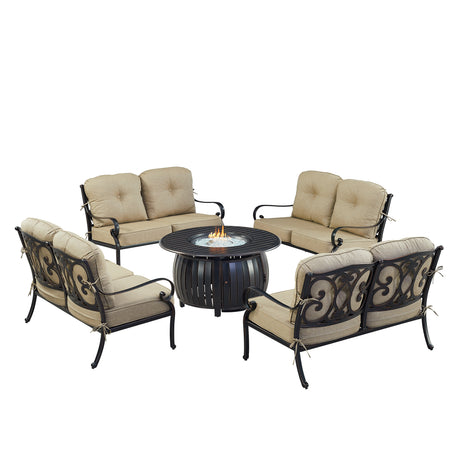 Black Aluminum Fire Table Set with Four Deep Seating Loveseat with Cushions - Sharicks