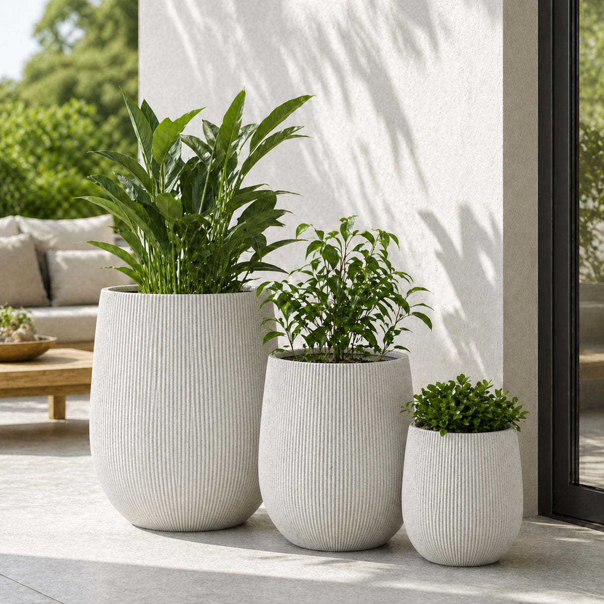 Set of 3 Fluted Round Polystone Indoor/Outdoor Planters, White