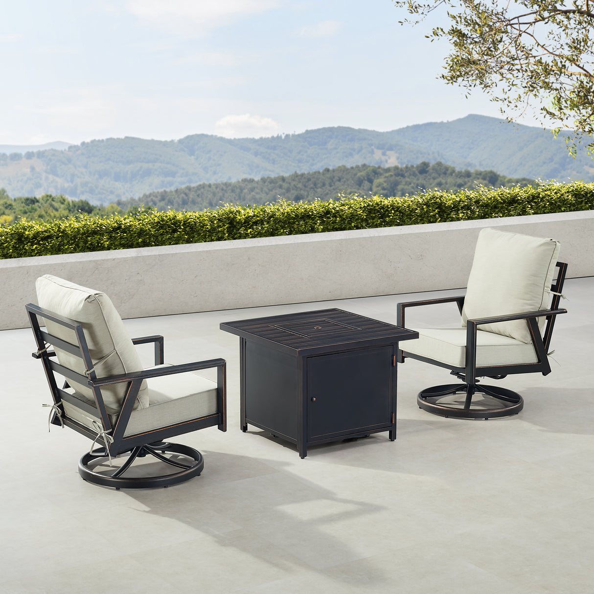 Black Aluminum Fire Table Bistro Set with Two Club Chairs