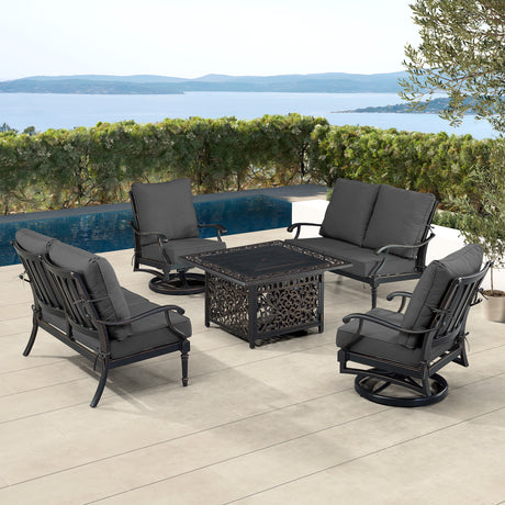 Black Aluminum Fire Table Set with Two Loveseats and Two Club Chairs - Sharicks