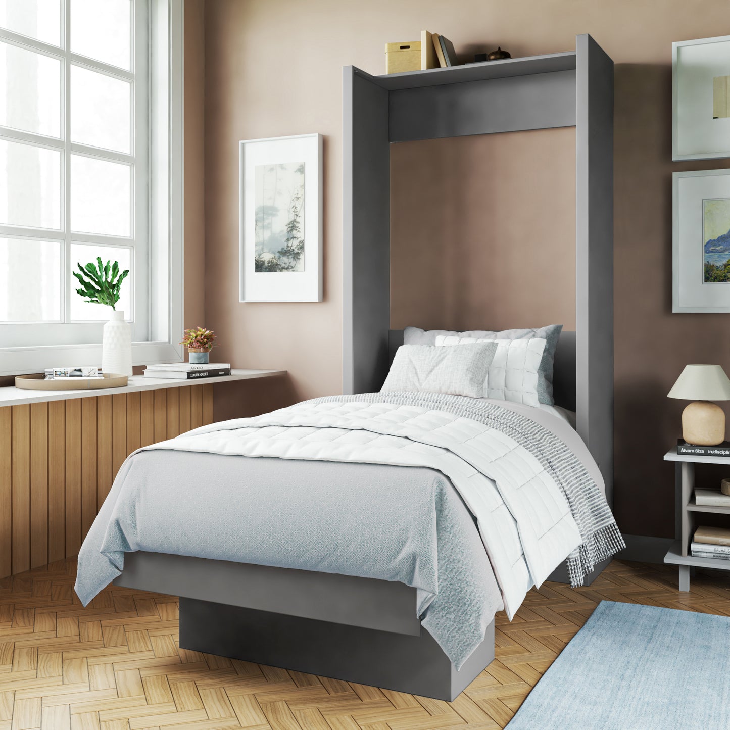 Easy-Lift Twin Murphy Wall Bed in Grey with Shelf