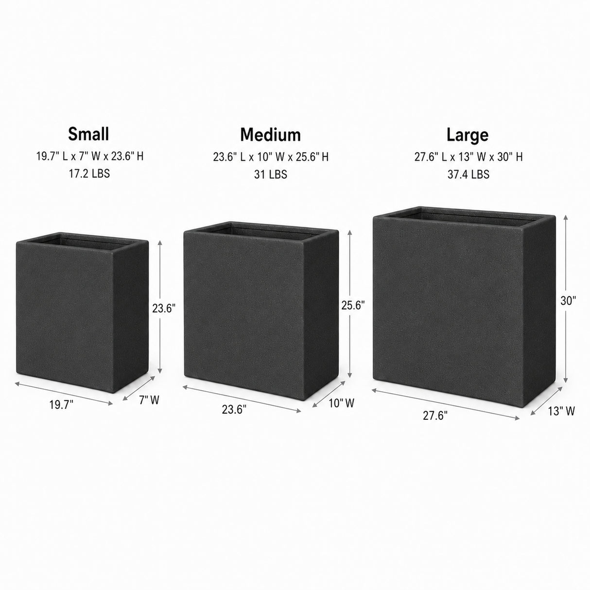 Set of 3 Rectangular Polystone Indoor/Outdoor Planters, Black