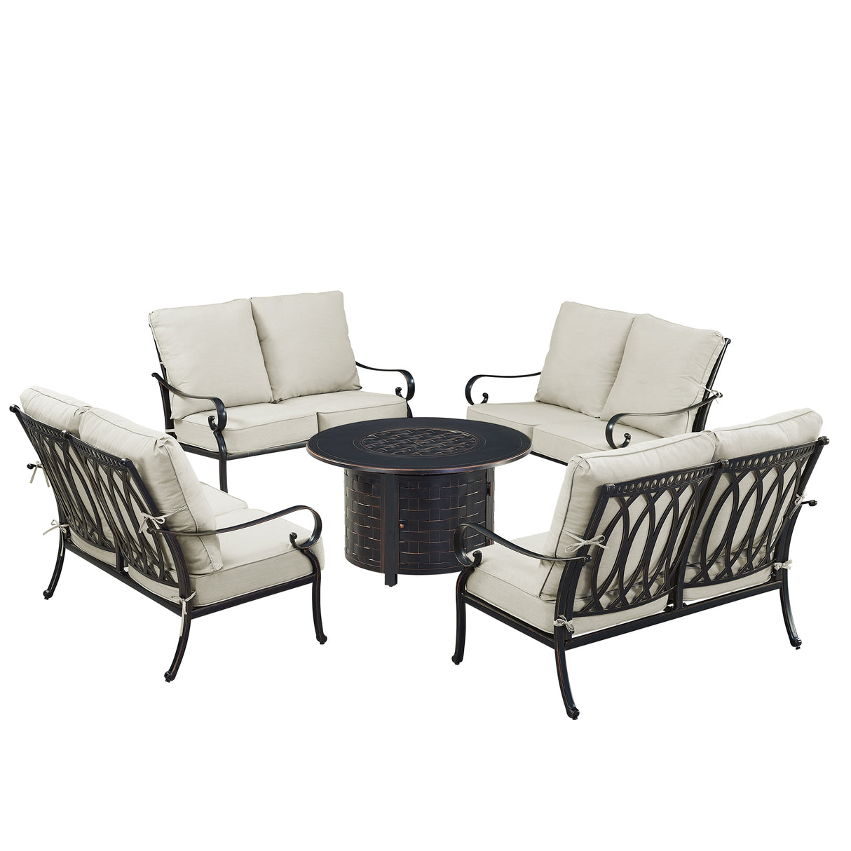 Black Aluminum Fire Table Set with Four Deep Seating Loveseats