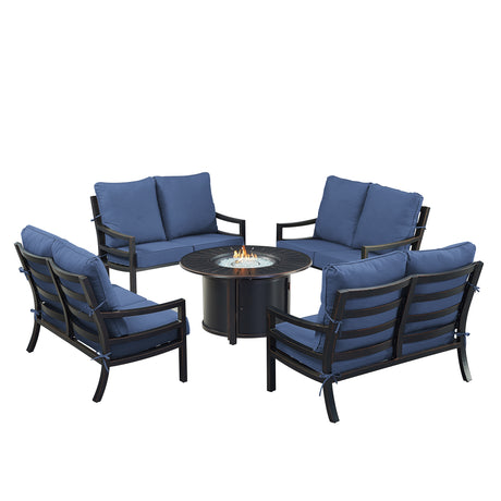 Black Aluminum Fire Table Set with Four Deep Seating Loveseats