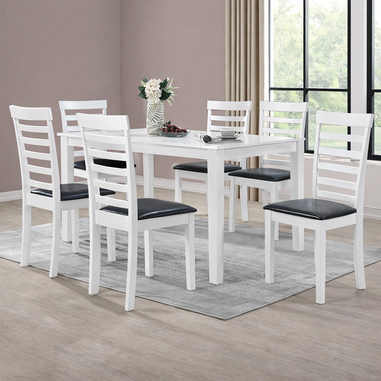 Traditional 7-Piece 59 Inch Rectangular Dining Set, White Finish with Black PU Leather Upholstered Chairs, Solid Rubberwood