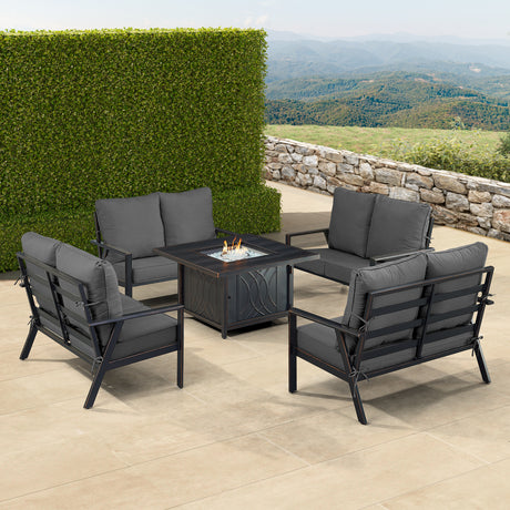 Black Aluminum Fire Table Set with Four Deep Seating Loveseat with Cushions - Sharicks