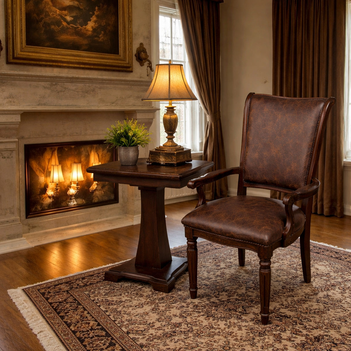 Traditional Dining Arm Chairs, Set of 2, Expresso Finish with Dark Brown PU Leather Upholstered Seats Solid Rubberwood