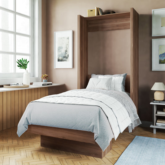 Easy-Lift Twin Murphy Wall Bed in Natural Brown Wood Grain with Shelf
