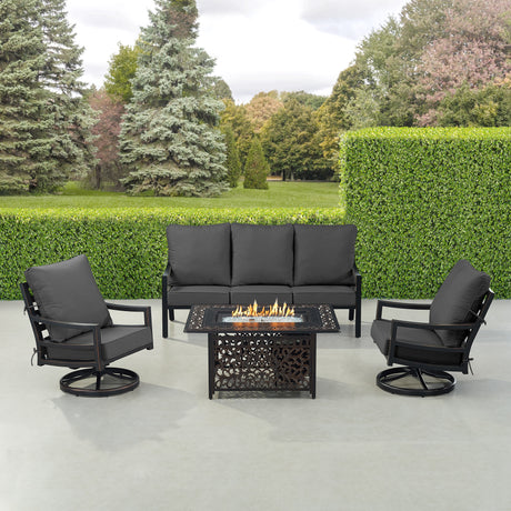 Black Aluminum Fire Table Set with Sofa and Two Club Chairs - Sharicks