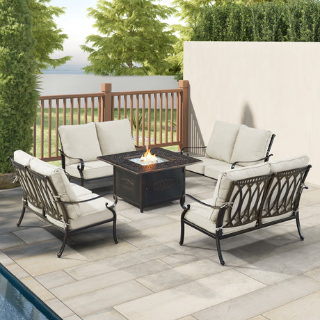 Black Aluminum Fire Table Set with Four Deep Seating Loveseats - Sharicks