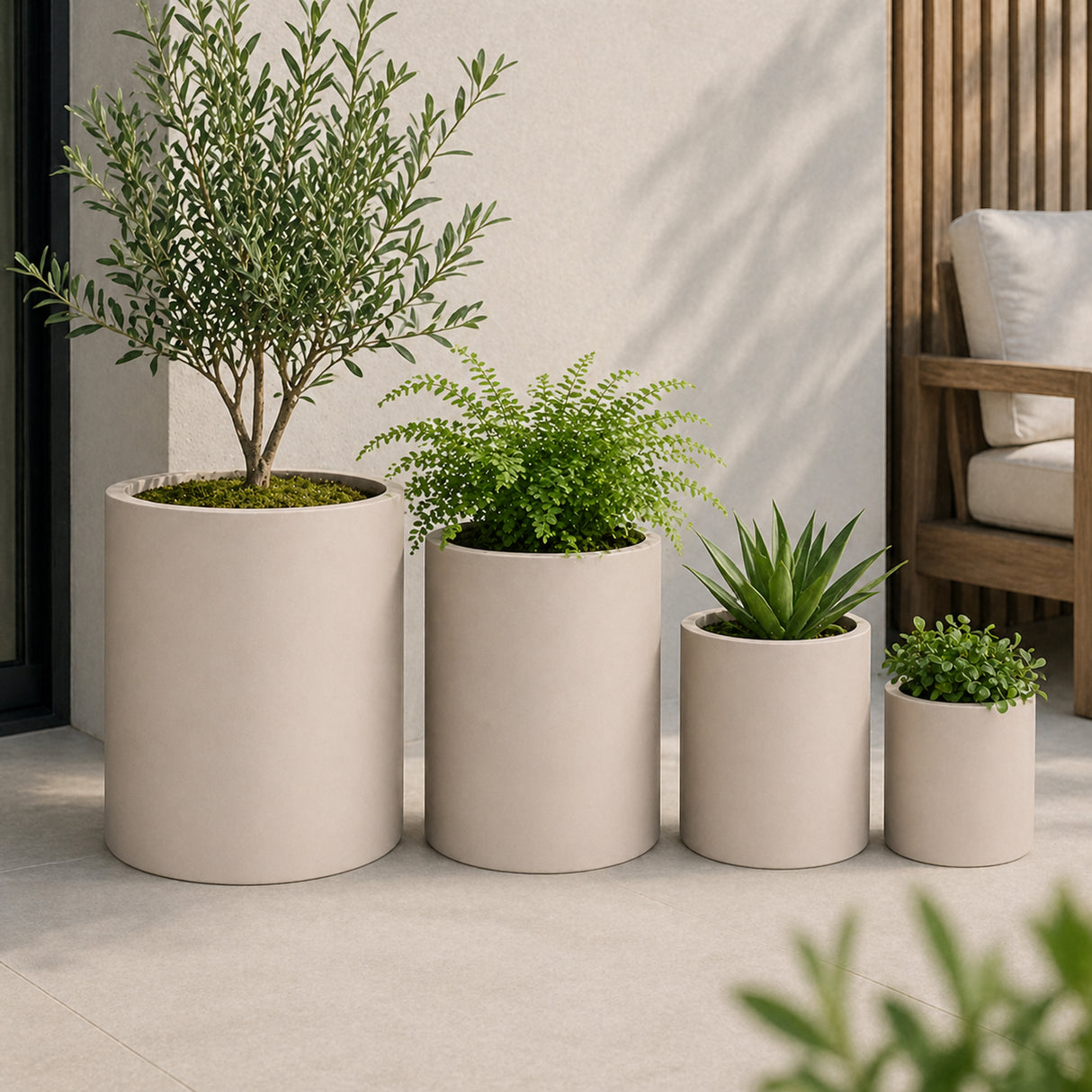 Set of 4 Round Cylinder Polystone Indoor/Outdoor Planters, Sand