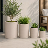 Set of 4 Round Cylinder Polystone Indoor/Outdoor Planters, Sand