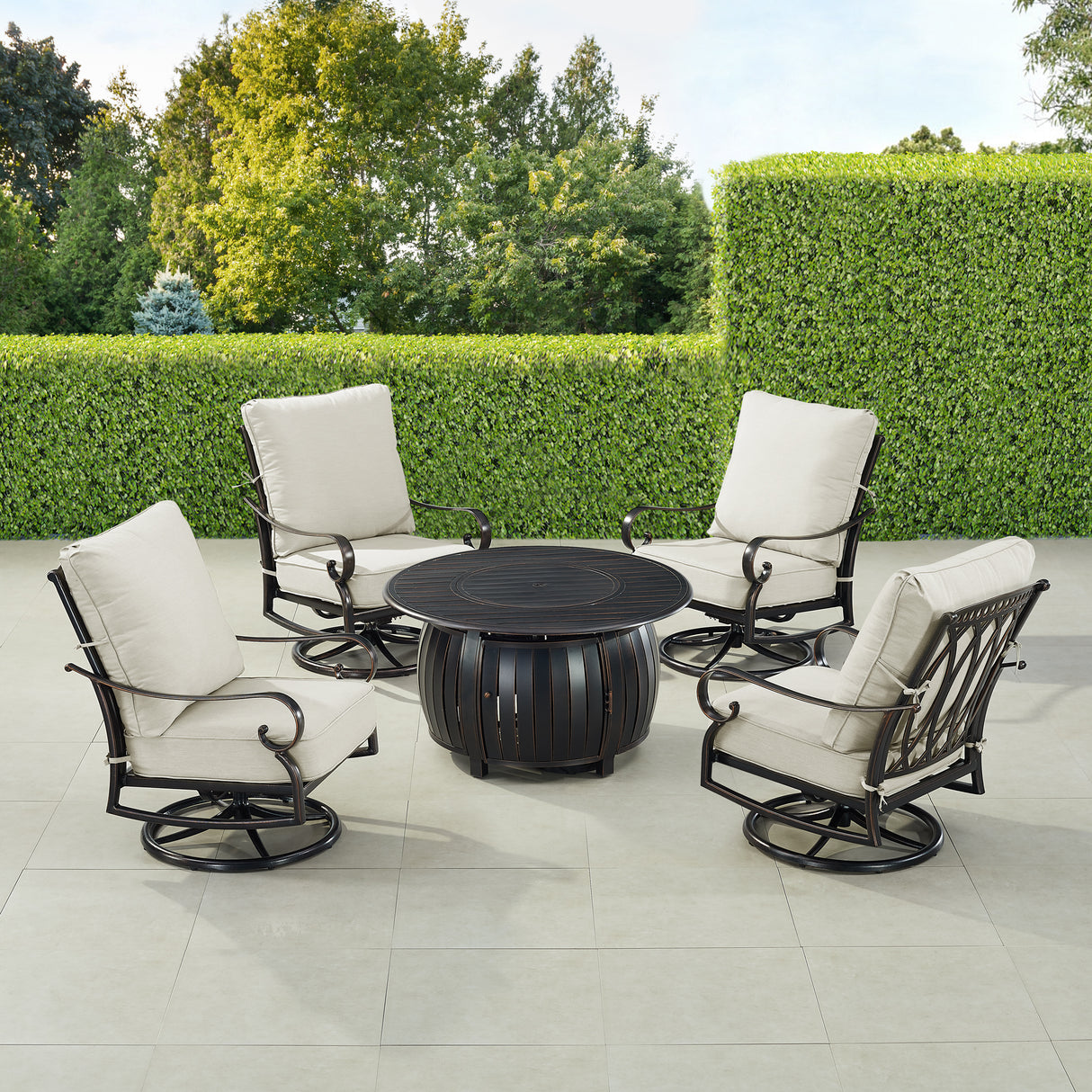 Black Aluminum Fire Table Set with Four Club Chairs