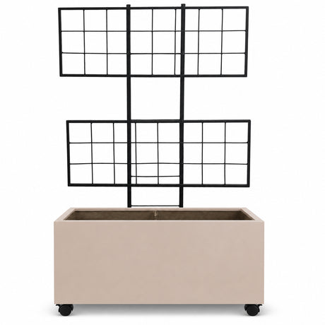 Wide Smooth Polystone Rectangular Planter with Steel Trellis and Wheels, Sand