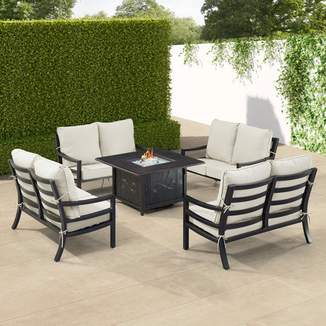 Black Aluminum Fire Table Set with Four Deep Seating Loveseats - Sharicks