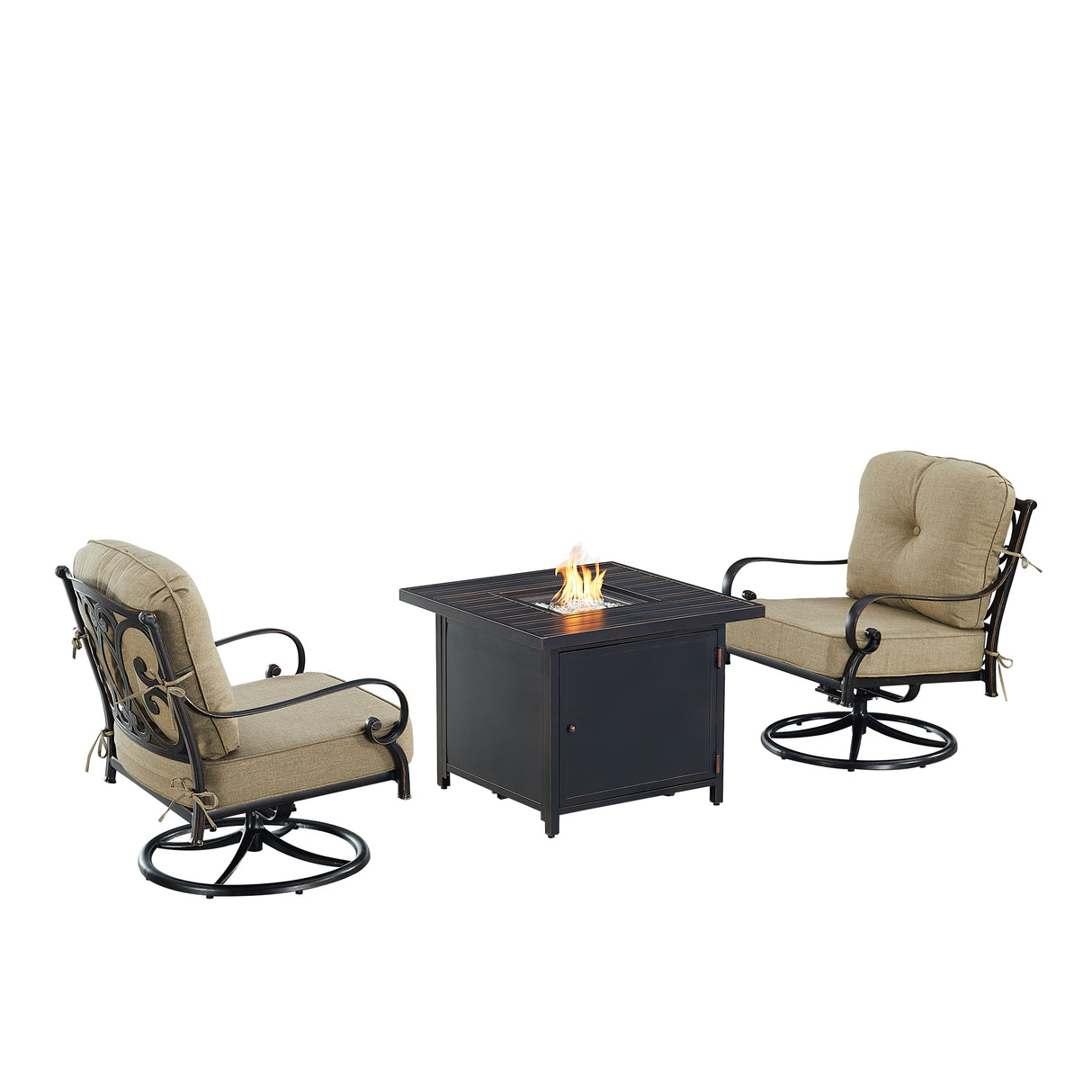 Black Aluminum Fire Table Bistro Set with Two Club Chairs