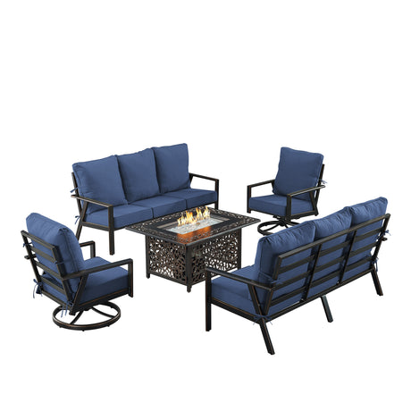 Black Aluminum Fire Table Set with Two Deep Seating Sofa with Cushions and Two Club Chairs