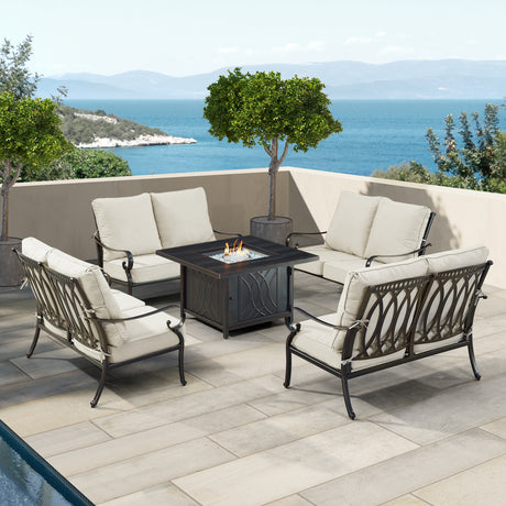 Black Aluminum Fire Table Set with Four Deep Seating Loveseats - Sharicks