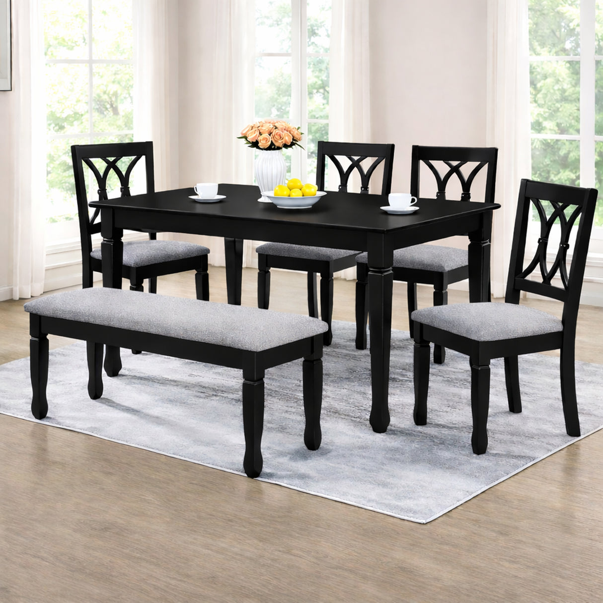 Traditional 6-Piece 63 Inch Rectangular Dining Set, Black Finish with Grey Polyester Upholstered Seating, Solid Rubberwood