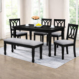 Traditional 6-Piece 63 Inch Rectangular Dining Set, Black Finish with Grey Polyester Upholstered Seating, Solid Rubberwood