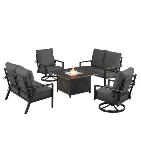 Black Aluminum Fire Table Set with Two Deep Seating Loveseat with Cushions and Two Club Chairs - Sharicks