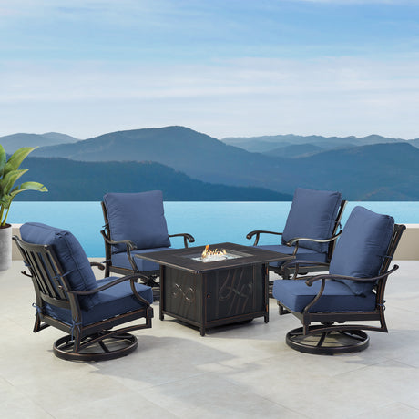 Black Aluminum Fire Table Set with Four Club Chairs - Sharicks